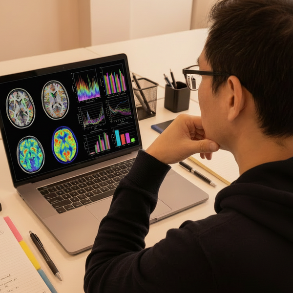 Person sitting at a desk looking at a laptop screen with various graphs and images.